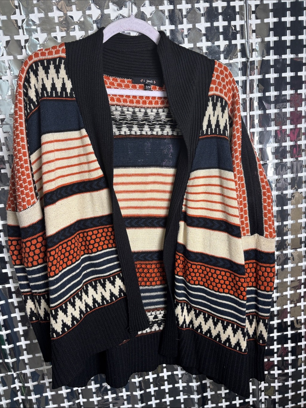 Open-Front Striped & Geometric Cardigan Sweater - Black, Cream & Rust